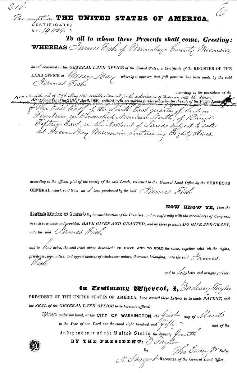 Fish, James Jr - 1850 Land Patent