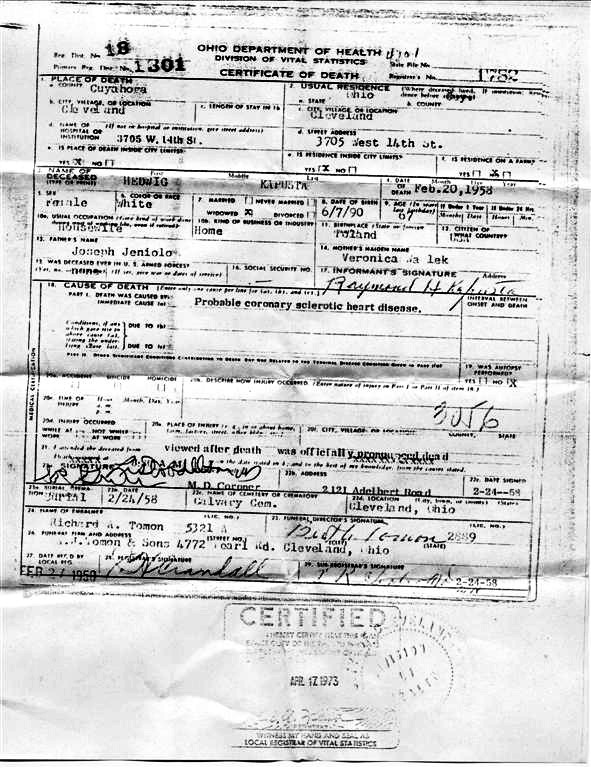 Death Certificate - Jemiola, Jadwiga (1958)