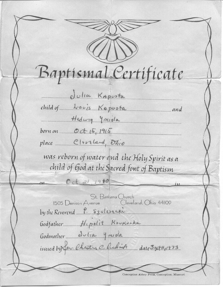 Baptism Certificate - Kapusta, Julia