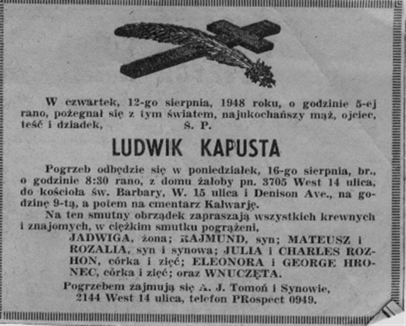 Obituary - Kapusta, Ludwig - (in Polish) (1884-1948)