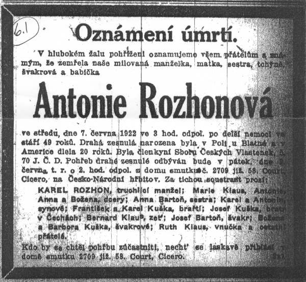 Obituary - Kuska, Antonie (Mrs. Charles Rozhon) (1873-1922)