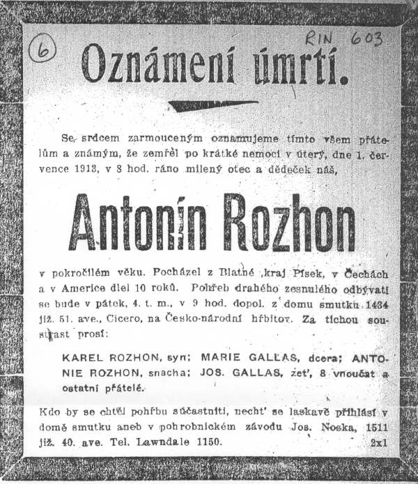 Obituary - Rozhon, Antonin (1840-1913)