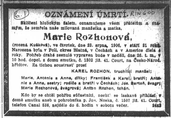 Obituary - Kuska, Marie (Mrs. Charles Rozhon) (1876-1906)