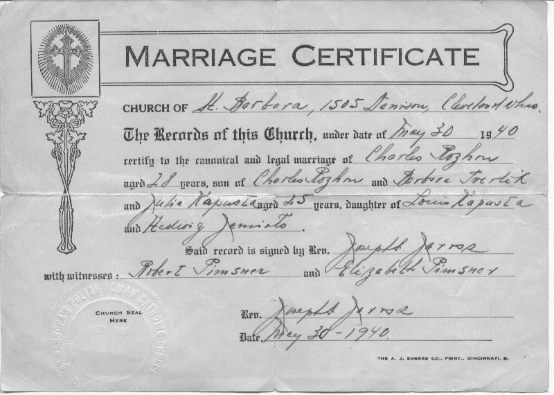 Marriage Certificate - Rozhon, Charles and Kapusta, Julia