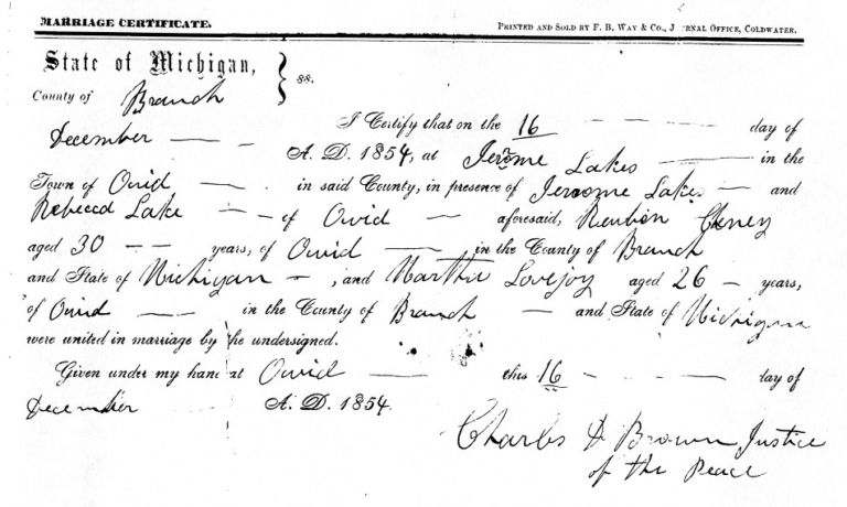 Cheney, Reuben and Martha Lovejoy - Marriage Certificate