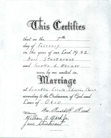 Sturtevant - Marriage Certificate - Sturtevant, Karl and Werner, Loretta Estelle