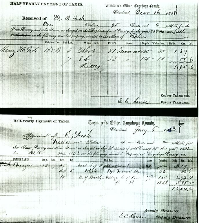 Taxes - Fish, Ebenezer 1858 and 1863 (Cleveland, Ohio)