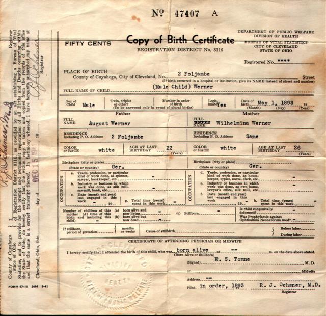 Werner - Birth Certificate - Werner, Frank Sr.