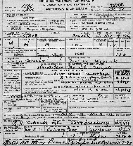 Death Certificate - Boczek, Stephan (Steve)  (1910-1951)