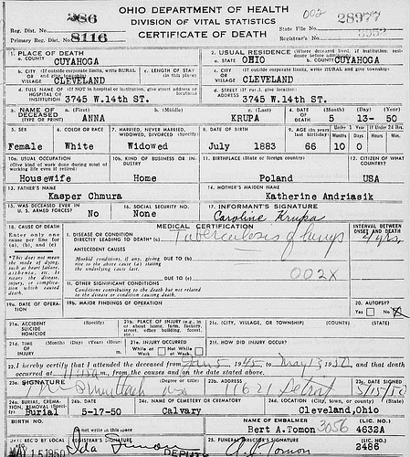 Death Certificate - Chmura, Anna (1883-1950)