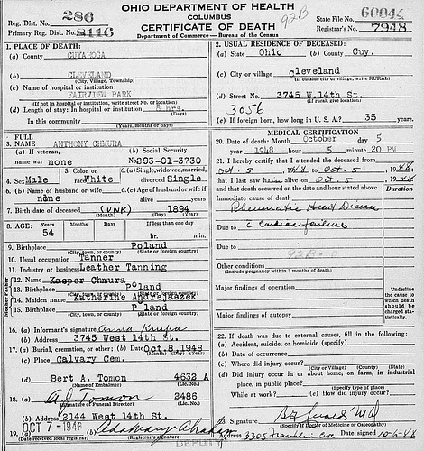 Death Certificate - Chmura, Anthony (1894-1948)