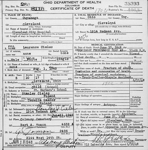Death Certificate - Cielec, Lawrence (1942-1948)