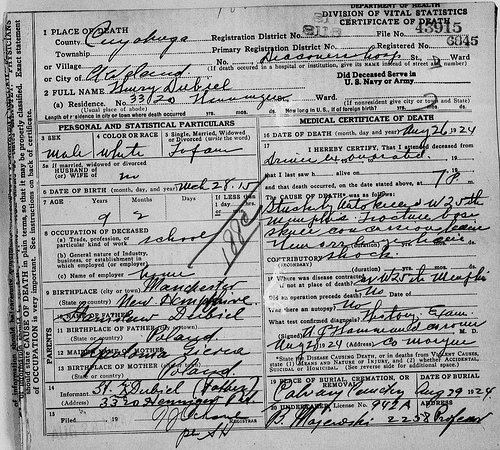 Death Certificate - Dubiel, Henry (1915-1924)