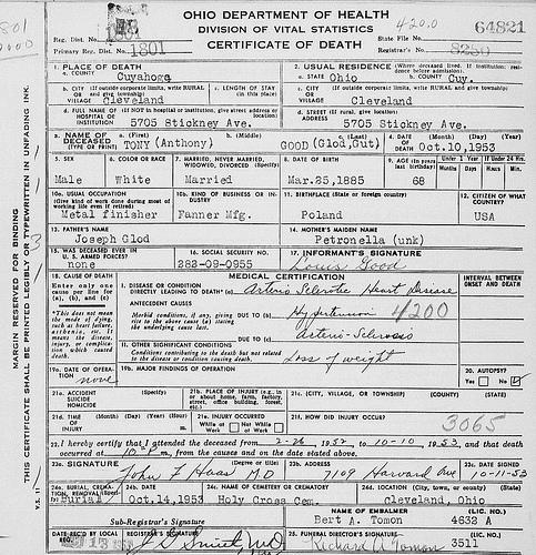 Death Certificate - Gut (Good), Anthony (1885-1953)