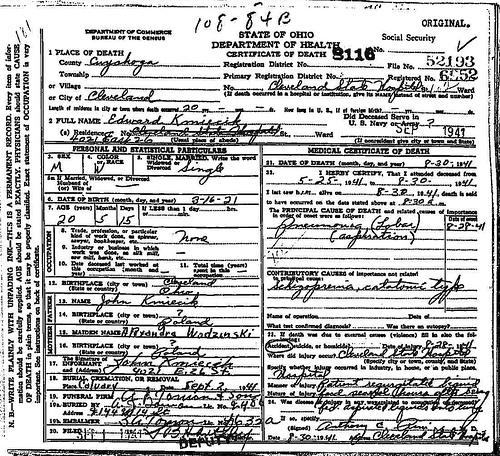 Death Certificate - Kmiecik, Edward Joseph (1921-1941)