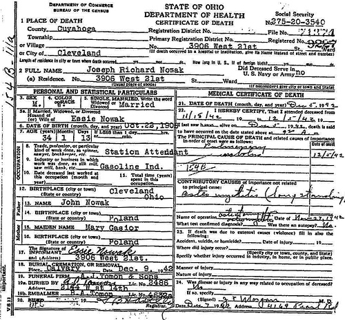Death Certificate - Nowak, Joseph Richard (1908-1942)