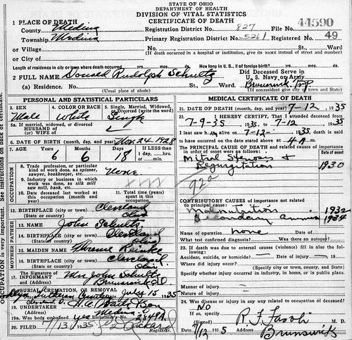 Death Certificate - Schultz, Donald (1928-1935)