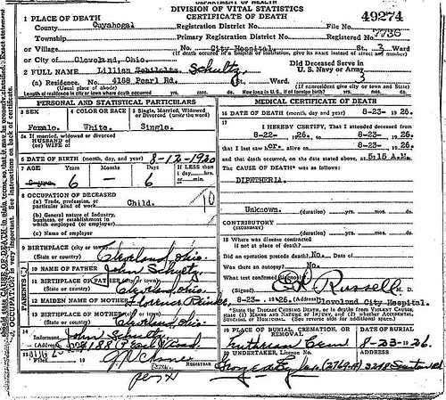 Death Certificate - Schultz, Lillian (1920-1926)