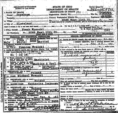 Death Certificate - Wysocki, Frank (1890-1941)