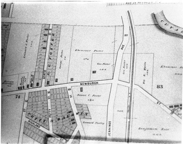 Property map (Brooklyn, Ohio - 1892) 
Area covered is north and south sides of Newburgh Street (now called Denison Ave.) at what is now the west end of the Harvard-Denison Bridge