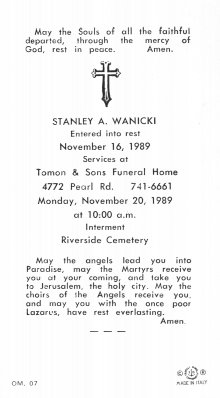 Wanicki, Stanley Sr. - Holy Card from Funeral