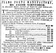 Jacob Schneider's Piano ad as it appeared in the 1848-08-23 issue of the Plain Dealer in Cleveland, Ohio